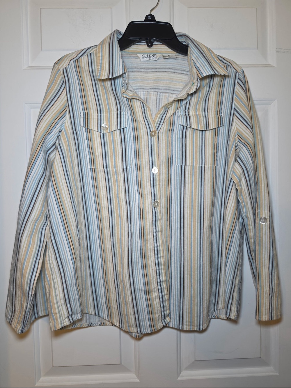 Vintage Selene Sport Woman’s  XL Pastel Striped Button Up Shirt Linen Blend